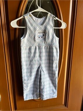 Shrimp & Grits Kids Light Blue Plaid Car One-Piece Romper Size 2T NWOT